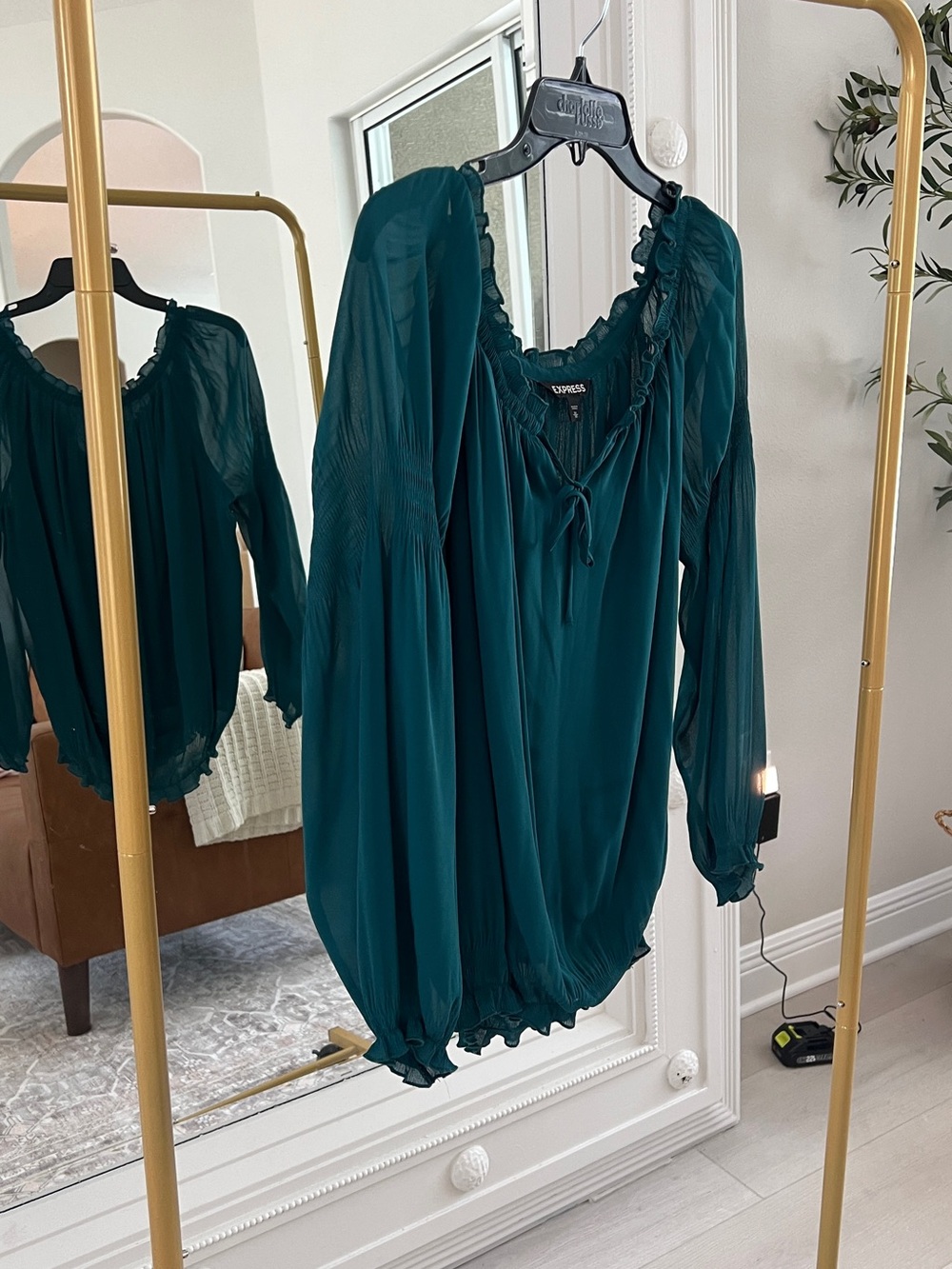 Express Teal Green Peasant Blouse with Ruffle Neck and Tie